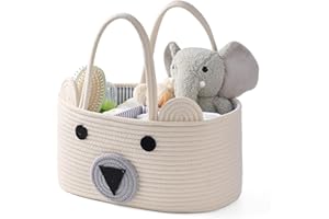 InfiBay Baby Diaper Caddy Organizer, Baby Nursery Storage with Removable Dividers and Sturdy Handles, Cute Bear Basket, Cotton Rope Baby Basket, Portable Diaper Storage Basket