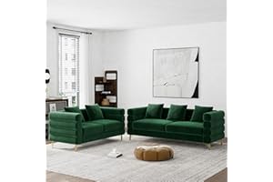 Wrofly Living Room Sofa and Loveseat Set, Modern Comfy Overstuffed Velvet Deep Seat Cloud Couch with 5 Pillows, Oversized Chesterfield Furniture Sets for Living Room Bedroom, Emerald Green Velvet