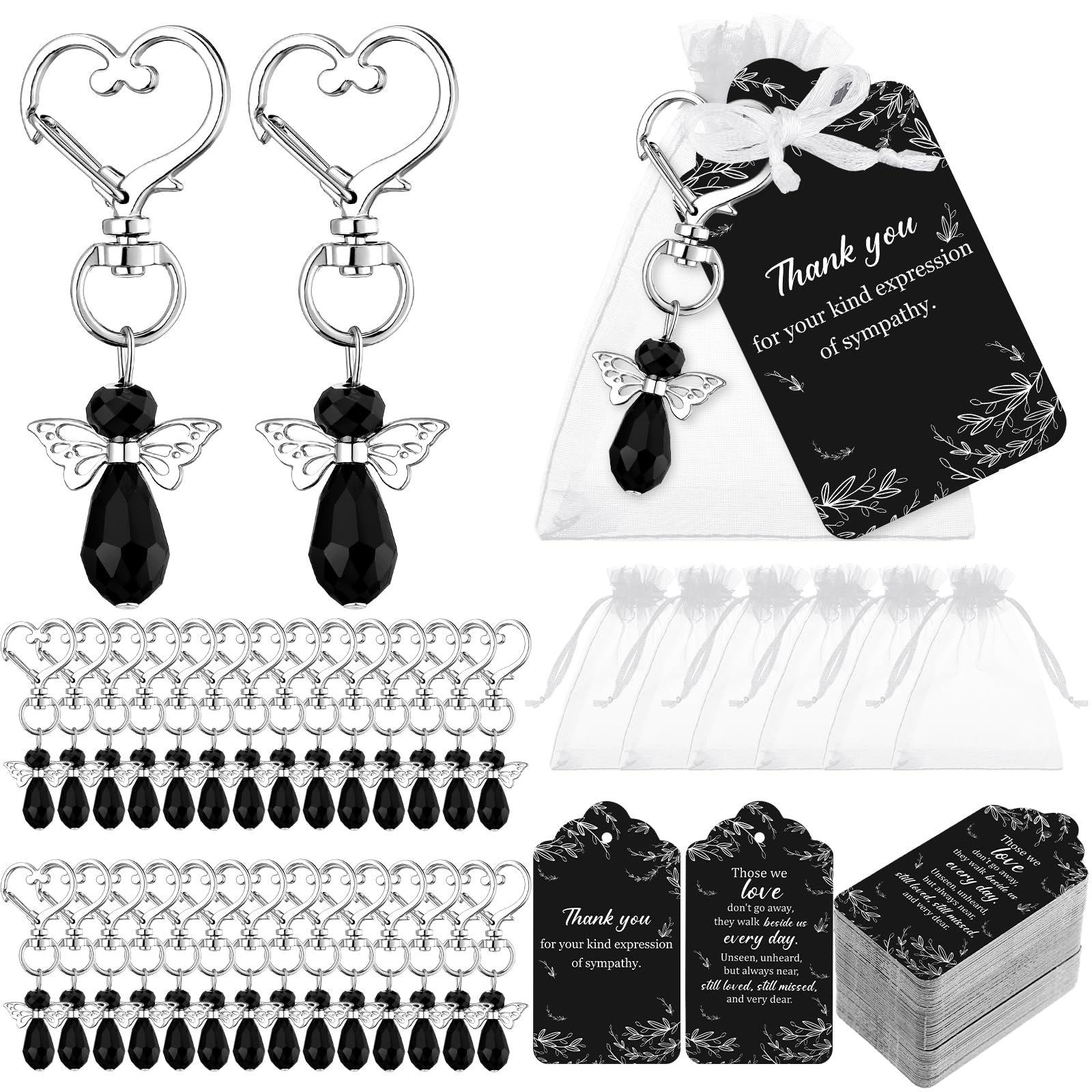 Photo 1 of Junkin 100 Set Funeral Favors Celebration of Life Favors Angel Keychains Thank You Cards for Memorial Guest Return Gifts (Classic,Black)