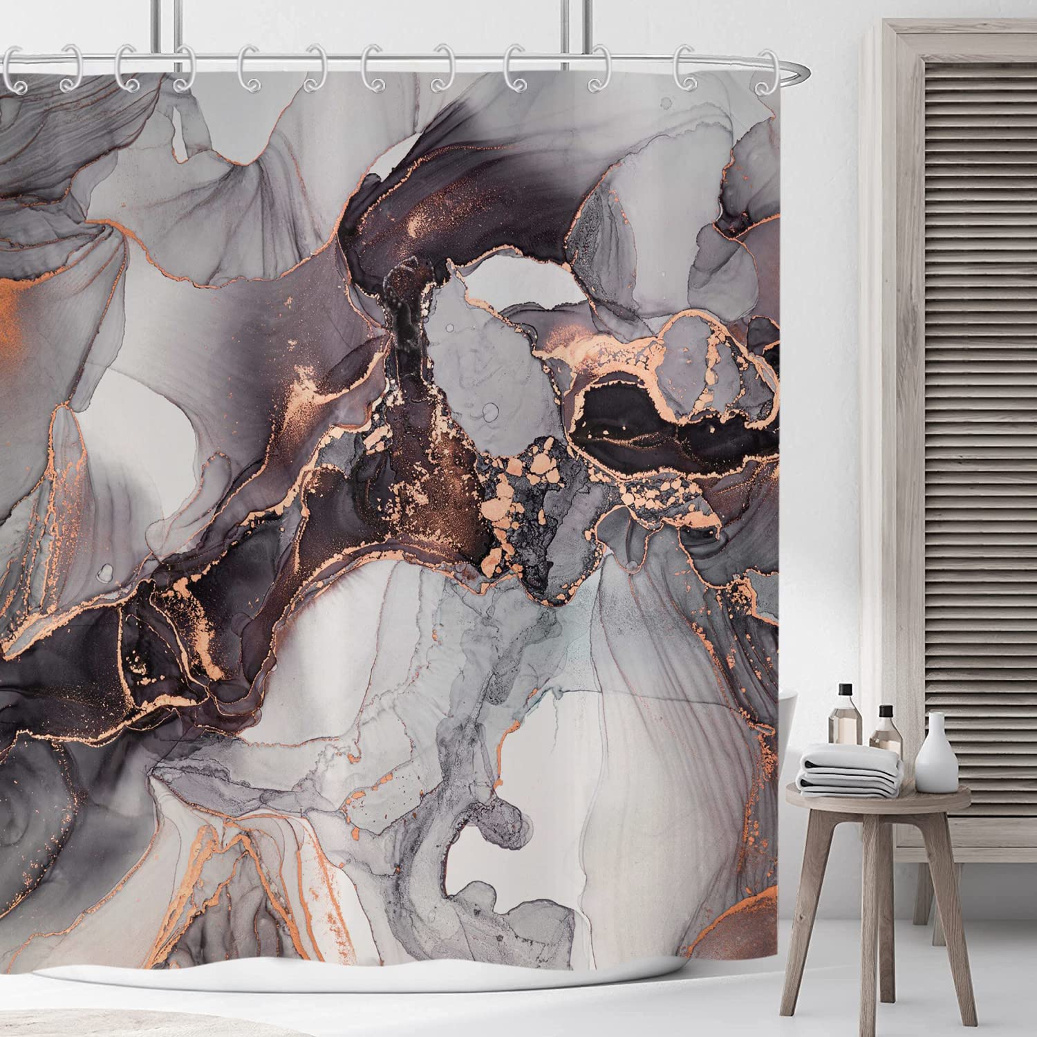 ASDCXZ Marble Shower Curtain Black Gold 180x220 cm, Modern Abstract Grey Black Gold Marble Optic Texture Washable Shower Curtains Polyester Textile Waterproof Shower Curtain for Bathtub with 12 Hooks