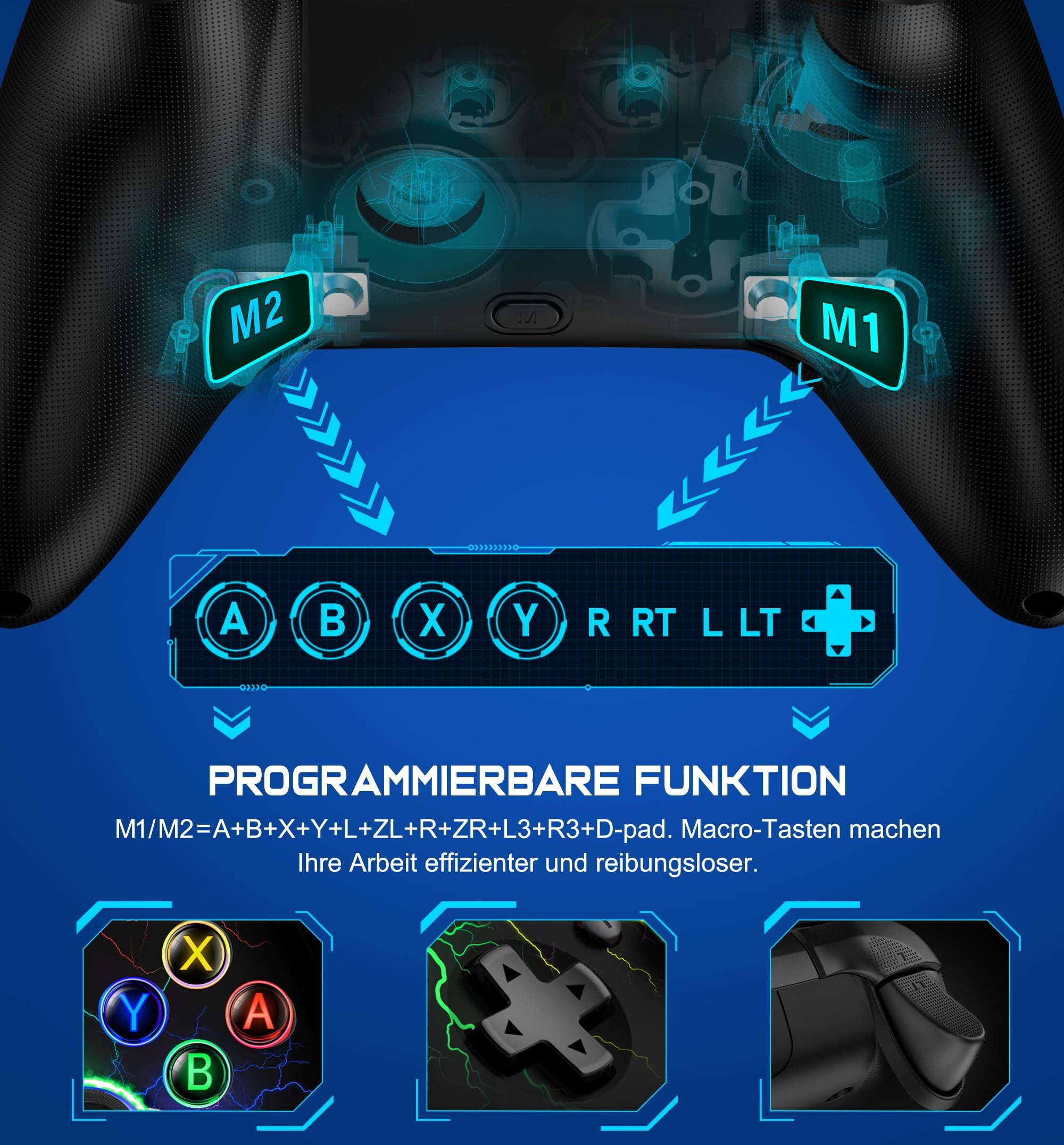 HASACOOL Switch Controller, Switch Pro Controller mit 2 Back Button Macro Programmierbar/Blinkende Lichter, 1000mAh Controller Switch für Switch/Lite/OLED, Kompatibel mit Android/IOS/PC 3