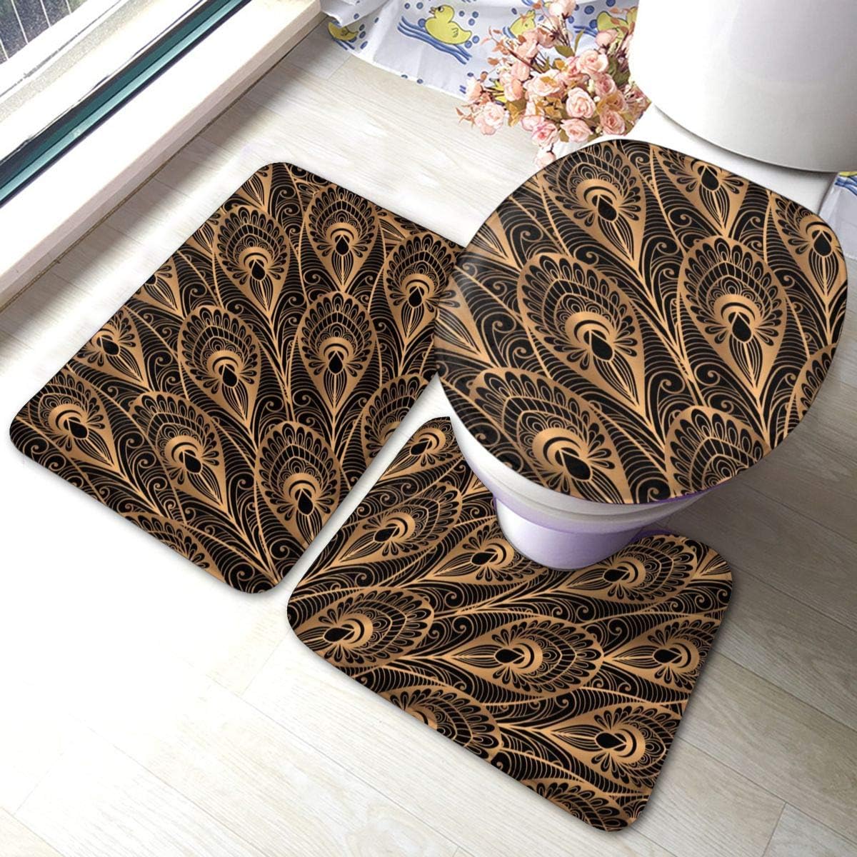 3 Pieces Bath Mat Sets Luxury Gold Black Peacock Pattern