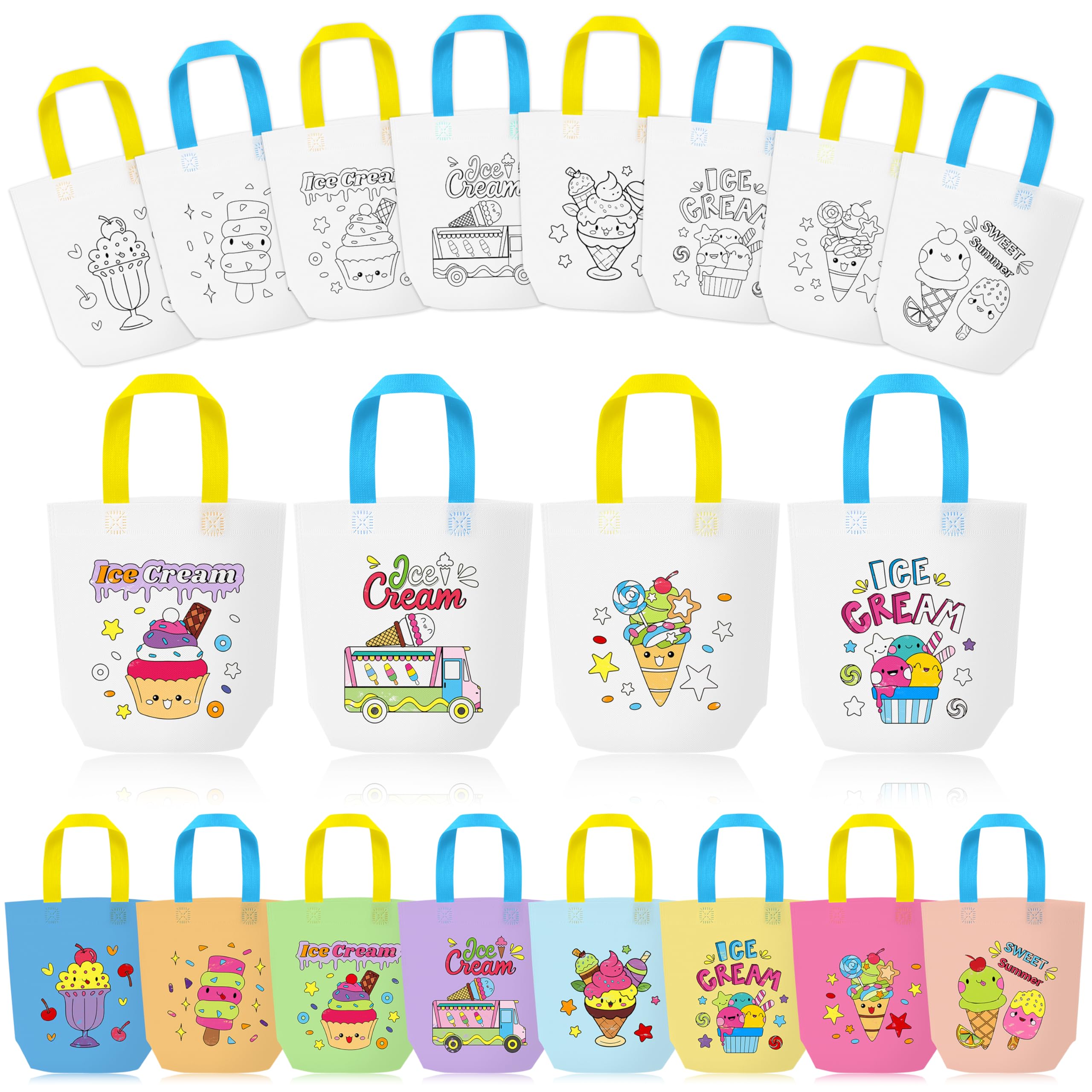 Summer Coloring Goodie Bags for Kids - 24Pcs Ice Cream Bulk Color Your Own Gift Bags with Handle Sweet Summer Reusable Coloring Bag Ice Cream Theme Non Woven Tote Bag for Holiday Party DIY Crafts