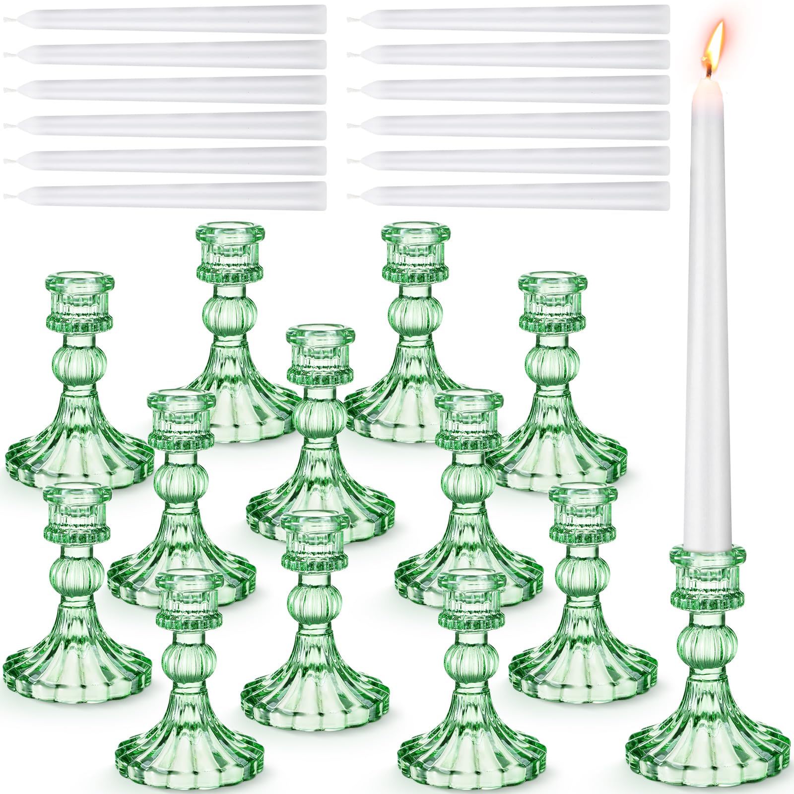 Photo 1 of Suclain 24 Pcs Glass Taper Candle Holder Sets 12 Candlestick Holder with 12 White Long Candles for Wedding Party Decor Dinner Decoration(Green)