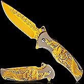 MADSMAUG skull Pocket Knife, Cool Pocket Folding Knife, 3D TITANIUM-PLATED SKULL EDC knife For Men Outdoor Survival Camping, Great Christmas Gift (Gold)