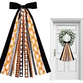 Christmas Halloween Wreath Sash Ghost Orange Plaid Tassel Bow for Wreath | 9.45 x 23.6 Inch Ribbon Streamers Pom Pom Trim Hanging Wreath Bow for Front Door Porch Halloween Decor