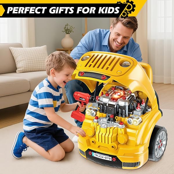JUMLYS TOYS FOR 3, 4, 5, 6, 7, 8 YEARS OLD BOYS, LARGE TRUCK ENGINE TOYS FOR KIDS 3-5, 5-8 YEARS OLD, MECHANIC REPAIR SET WITH ELECTRIC DRILL, BIG TRUCK BUILDER KIT, IDEAL CHRISTMAS, BIRTHDAY GIFTS