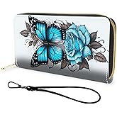FGDRFGRW Wallet,Large Capacity RFID Blocking Leather Wallet, Durable Smooth Zipper Clutch,Unisex Travel Wallet for Cards,Cash,and Coins,Butterfly Flower