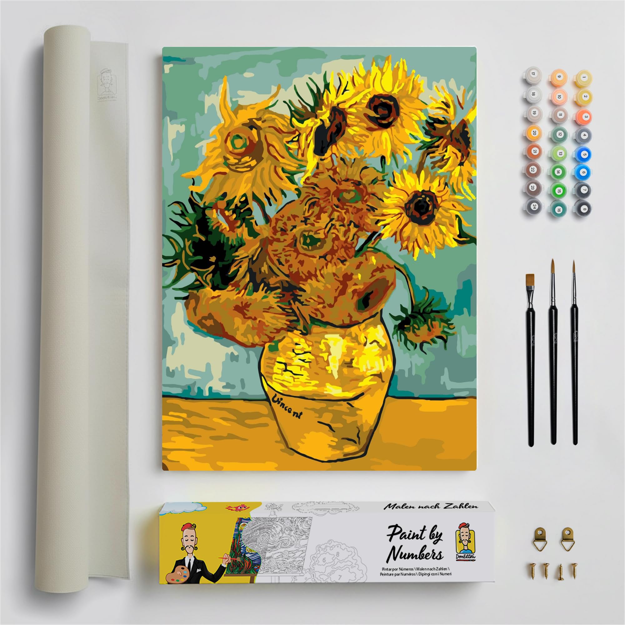 DonElton Paint by Numbers for Adults Inspired by Vincent van Gogh - 40 x 50 cm Painting Sets with Brushes, Acrylic Paints and Linen Canvas, Without Frame - Creative Gift (Sunflowers)