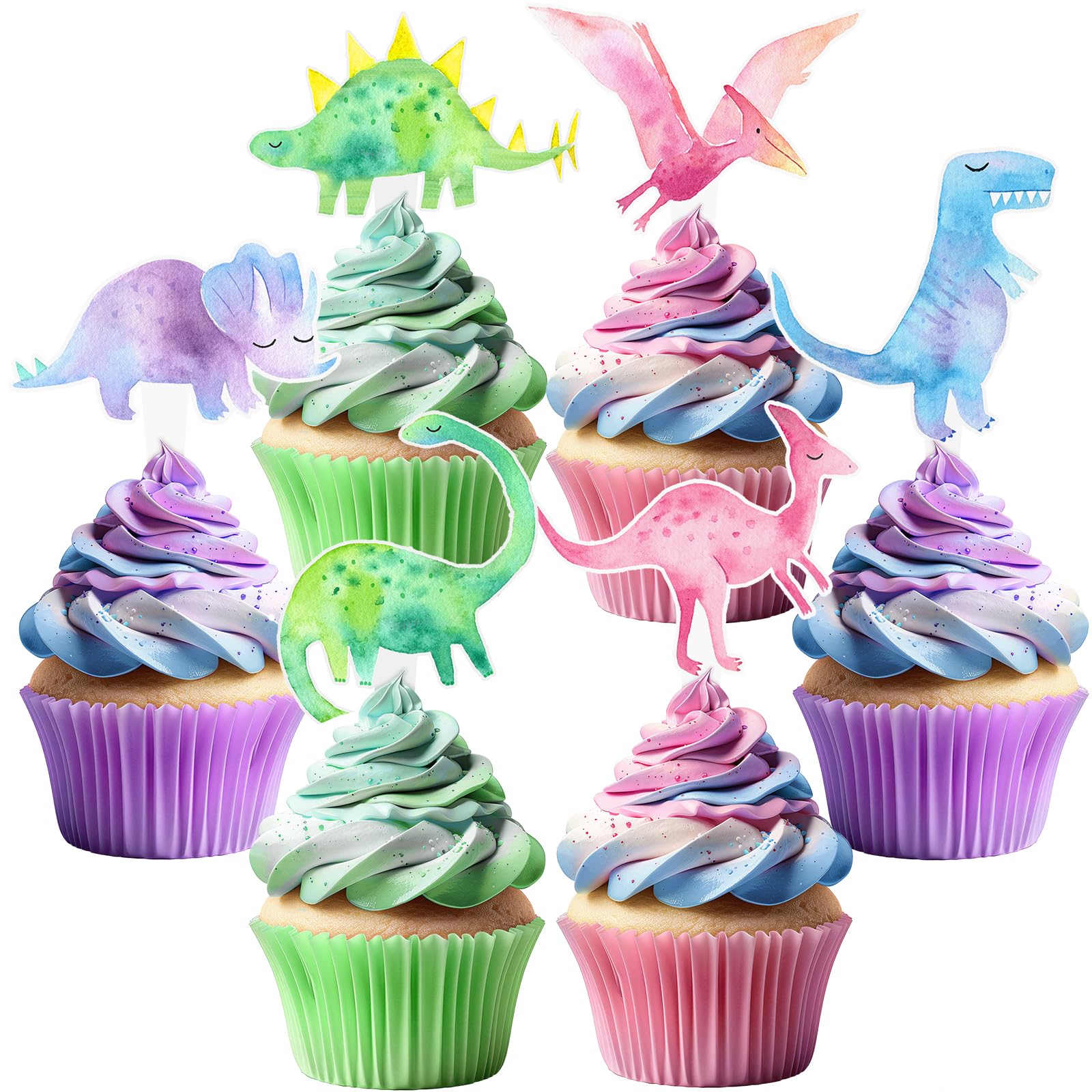 Photo 1 of 36 Pcs Pink Dinosaur Cupcake Toppers - Pink Dinosaur Party Decorations and Girl Dinosaur Party Cupcake Toppers