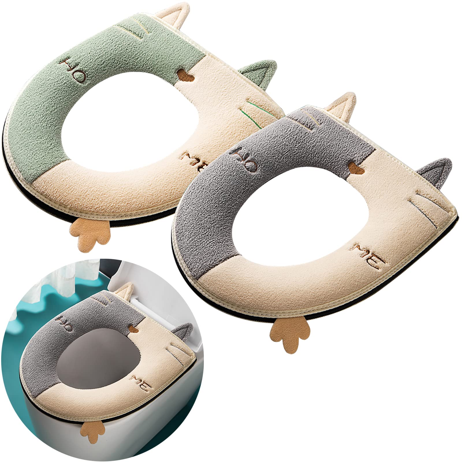 Thickened Toilet seat Cushion Cover is Universal, Warm, Washable and Reusable 2 pcs (Grey + Green)