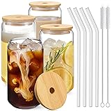 Drinking Glasses with Bamboo Lids and Glass Straw