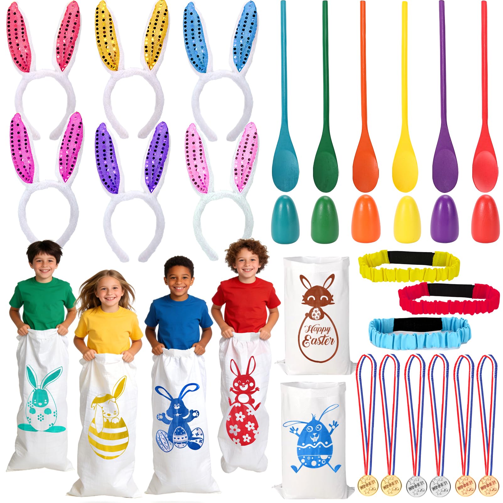 Totstio Easter Games for Kids Outdoor, Potato Sack Race Bags, Bunny Ears Headbands, Egg Spoon Relay Races, Legged Relay Race Bands for Easter Eggs Hunt Games