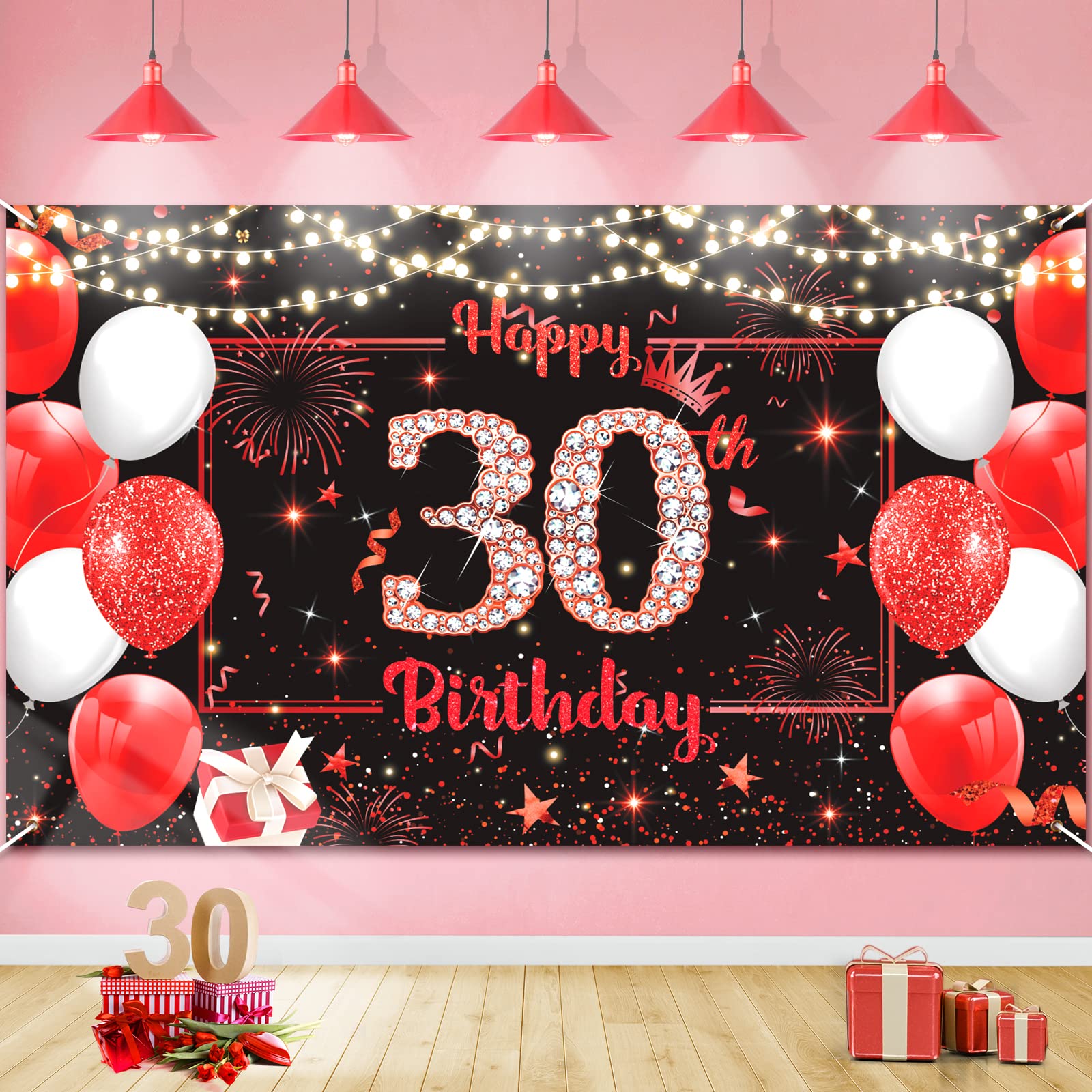RUMIA Happy 30th Birthday Banner Decorations Red Black for Men Women, Large Red Black Glitter 30th Birthday Backdrop Cheers to 30 Years Old Birthday Banner Photo Background Anniversary Party Supplies