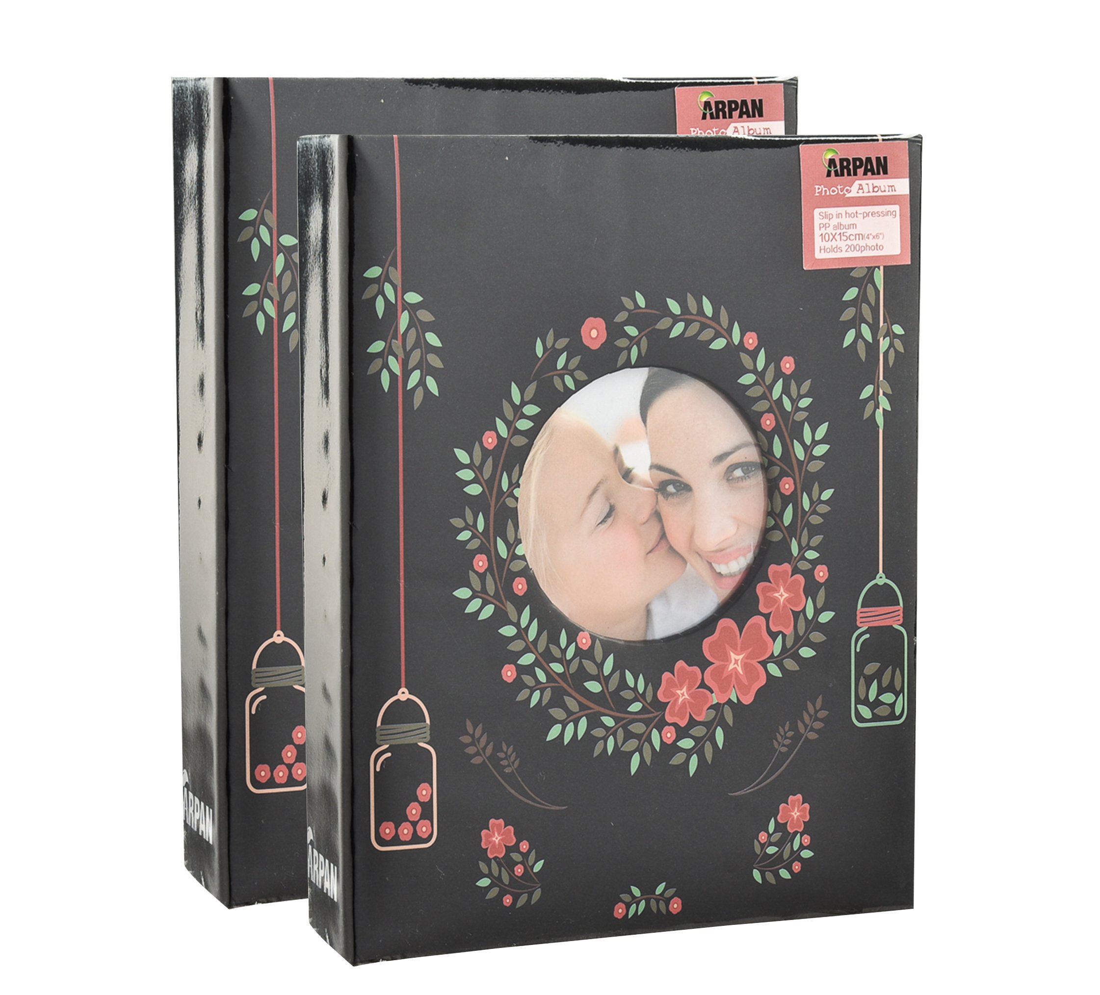 Photo Album 6x4" 10x15cm for 200 Photos Slip In – Pack of 2 Black Floral Slip In Photo Albums | Photo Albums 6x4 200 Photos Slip In | Photos Album with CD Pocket and Personalised Window Cover