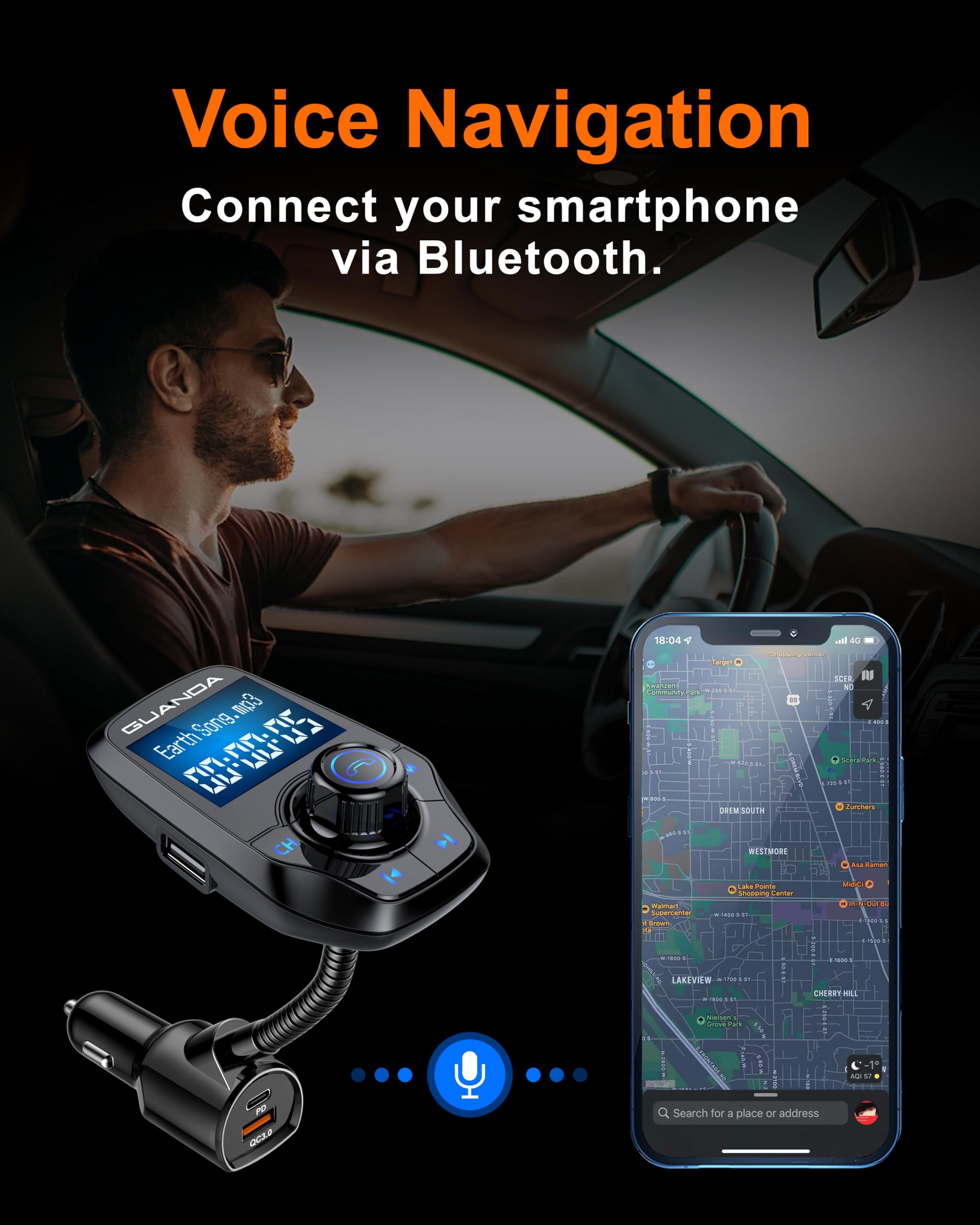 FM-Transmitter Bluetooth 5.3 für Autos, Bluetooth-Radioadapter-Transmitter für Autos, kabelloser Audio-Transmitter und -Empfänger, 1,44-Zoll-Display, AUX-EIN-/Ausgang, SD-/TF-Karte, USB-C-Ladegerät 2
