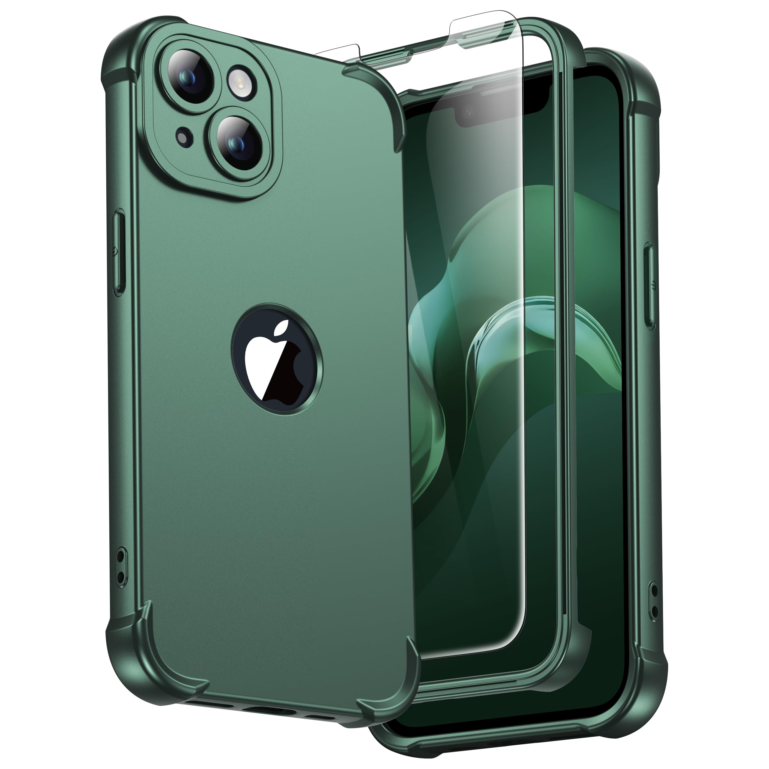 ORETECH for iPhone 14 Case 6.1 inch, with [2 Pack Screen Protector] [Camera Lens Guard] [15FT Military Grade Drop Test] 360° Shockproof Slim Fit Design Rubber Bumper Phone Cover - Green