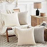 Fancy Homi Set of 4 Neutral Decorative Throw Pillow Covers 18x18 Inch for Couch Bed Sofa Bedroom, Modern Farmhouse Boho Home Decor, Soft Fluffy Striped Corduroy Cute Aesthetic Cushion Case 45x45 cm