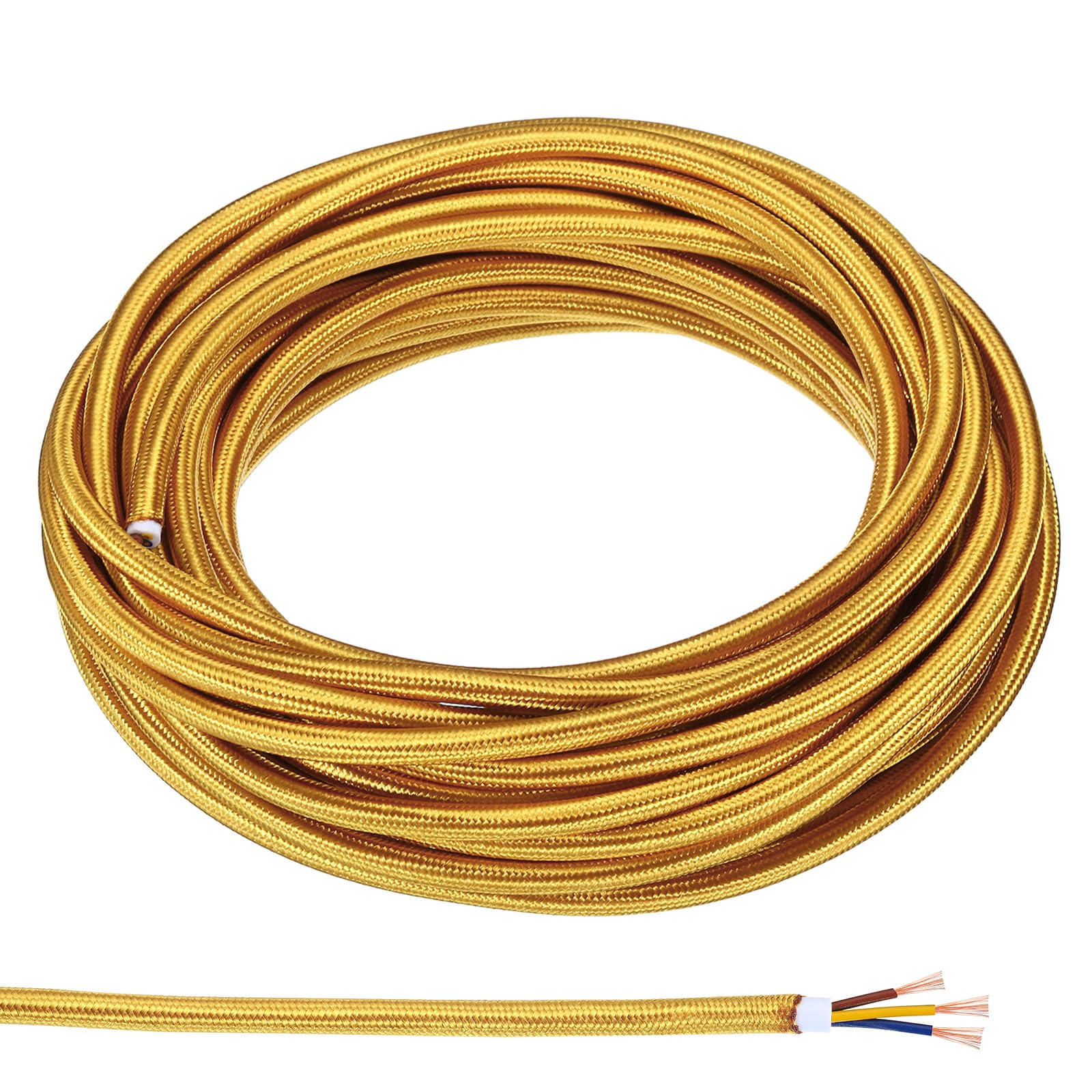 PATIKIL Fabric Cloth Covered Round Wire, 32.8ft 18AWG 3 Core Vintage Woven Electrical Cord for Pendant Light DIY Project, Golden