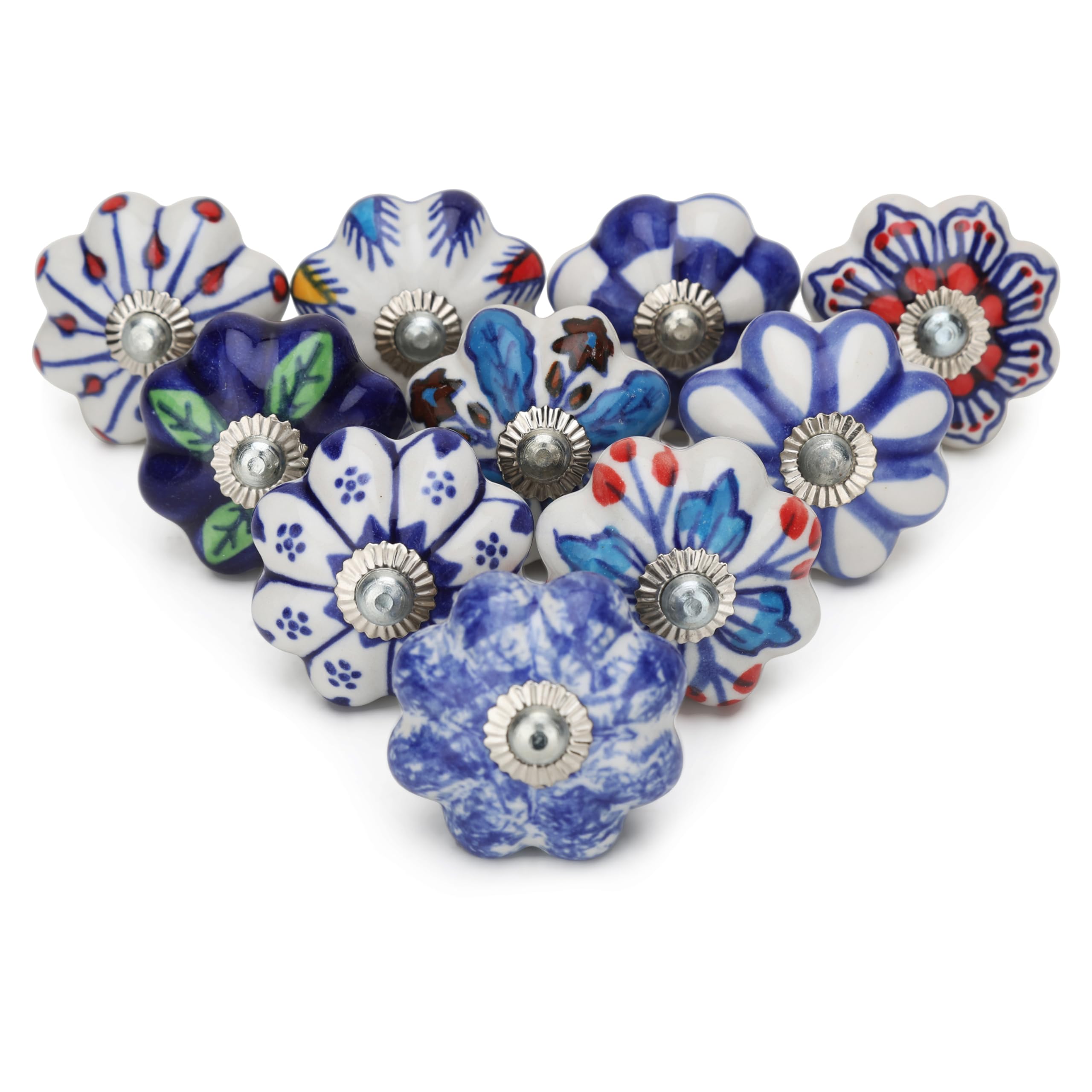 Craft Trade Assorted Multicolor Blue Door Cabinet Knobs for Dresser Drawer Vintage Closet Ceramic Knob Colorful Pull Handles Cupboard Wardrobe Knobs for Kitchen Furniture Home Décor - Pack of 10