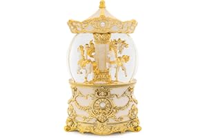 MXWCY Carousel Music Box Gold & Ivory Christmas Snow Globes, 8.3" Rotate Carousel Snow Globe for Kids & Adults, Classic Wind up Musical Snow Globe Birthday Gifts for Women Girls, Carousel Horse Home Decor
