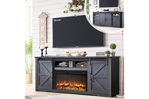 JXQTLINGMU Farmhouse Fireplace TV Stand for 80 Inch TV, 32" Tall Entertainment Center w/Drawer & Sliding Barn Door, 70 Inch Highboy Media Console for Living Room, Black