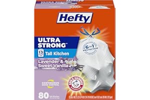 Hefty Ultra Strong 13 Gallon Trash Bags, Tall Kitchen Trash Bags 13 Gallon Size, Drawstring Closure, Continuous Odor Control, White, Lavender and Sweet Vanilla Scent, 80 Bags
