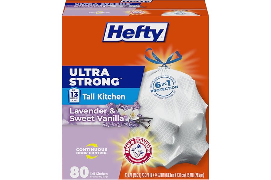 Hefty Ultra Strong 13 Gallon Trash Bags, Tall Kitchen Trash Bags 13 Gallon Size, Drawstring Closure, Continuous Odor Control, White, Lavender and Sweet Vanilla Scent, 80 Bags