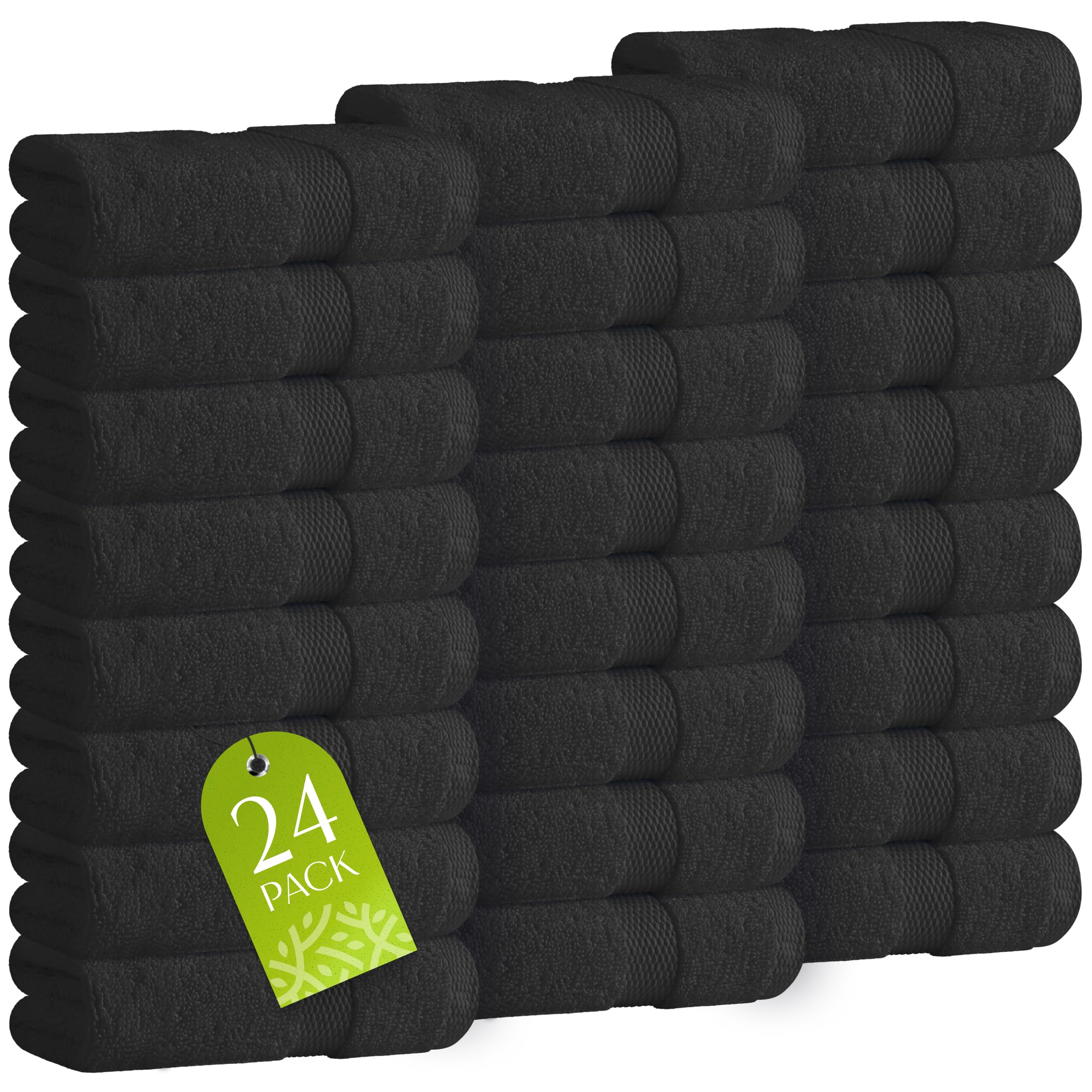 White Classic Wealuxe Black Washcloths 24 Pack - 600 GSM 100% Ring-Spun Cotton Wash Cloths for Showering, Highly Absorbent and Soft | 12x12 Inches