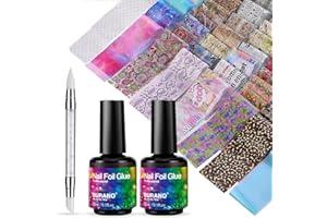 BURANO Nail Foil Glue Gel, 15ML 2 Bottles with 100PCS Foil Sticker Nails Foils Adhesive and Rubber Nail Push Pen for Designer Transfer Gel Polish