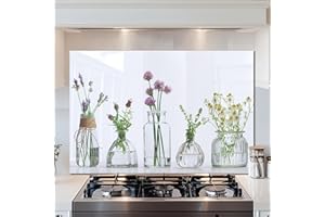 DAIFURONGE Tempered Glass Backsplash For Kitchen Behind Stove,Flower Bottle Stove Back Top Cover,Easy to Clean Glass Splashback, Sink Cover Splash Guard,Home Kitchen Wall Decor (35.43"x23.62"(90x60cm))