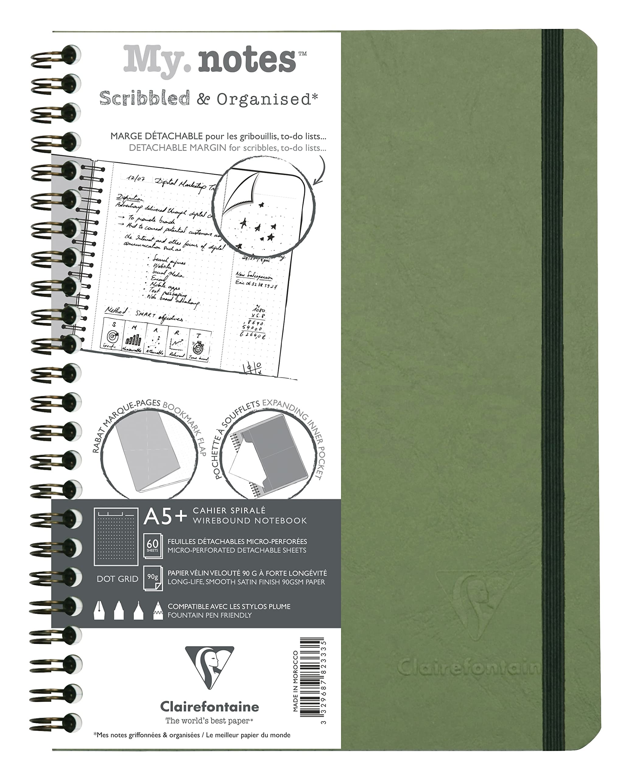 Clairefontaine 782333C Collection Age Bag MyNotes Green Spiral Notebook w/ Margins - A5+ 16x21cm - 120 Detachable Pages DOT - White 90g - Cover Leather Grain