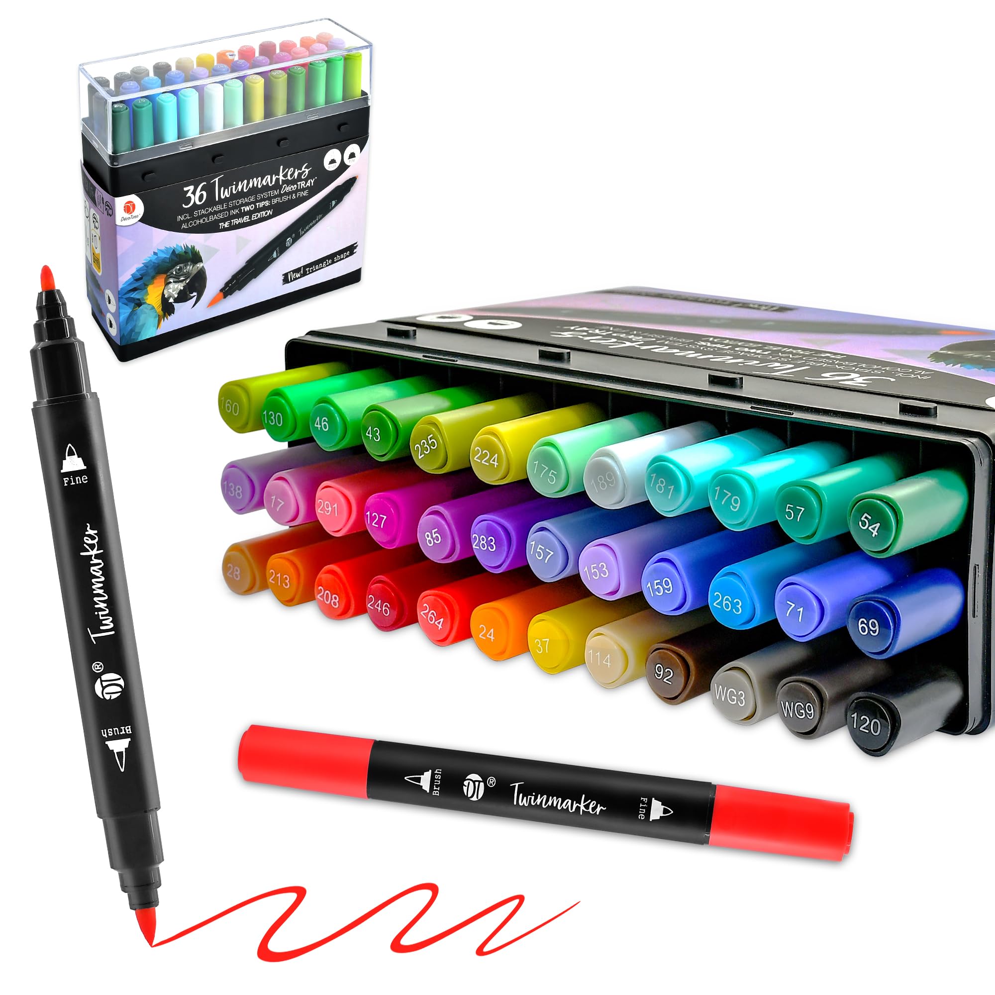 Deco Time Twin Alcohol Markers with Stackable Alcohol Marker Storage Tray - 36 Dual Tip Fine & Brush Markers - Coloured Marker Pens for Adults, Kids - Quick Dry Art Supplies for Drawing & Colouring