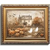 uniro Vintage Gold Framed Wall Art, Vintage Cute Ghosts Haunted Halloween Painting, Spooky Pumpkin Patch Halloween Wall Art Prints Ghost Decor, Farmhouse Ghost Posters Country Cottage Fall Decor for Living Room, Bedroom, Bathroom, halloween Room decor- 9x12Inch