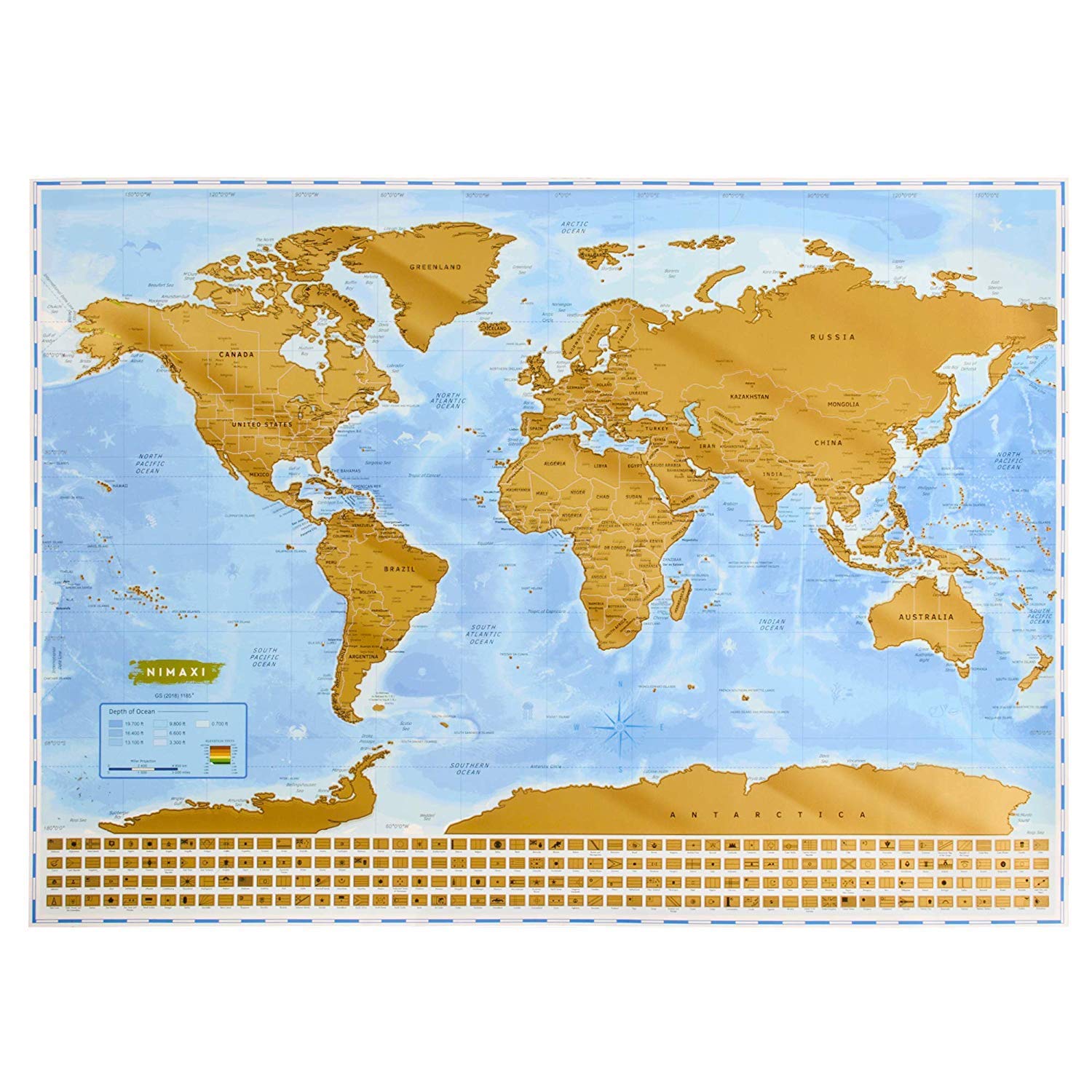 NIMAXI Mapa mundial para rascar, tamaño 83x58 cm, color: azul, alto brillo, Carta del mundo XXL con banderas para rascar gratis