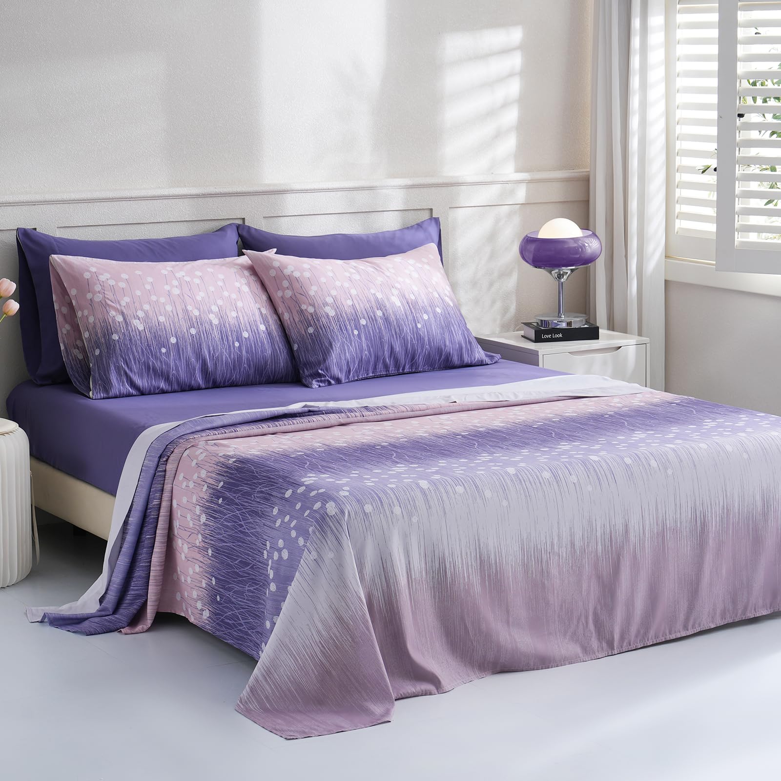LONAVA Patchwork California King Size 6 Pcs Sheet Set, Breathable Microfiber Deep Pocket Purple Fitted Sheets, Comfy & Breathable Patterned Flat Sheets,4 Gentle Soft Pillowcases, Purple Blossom
