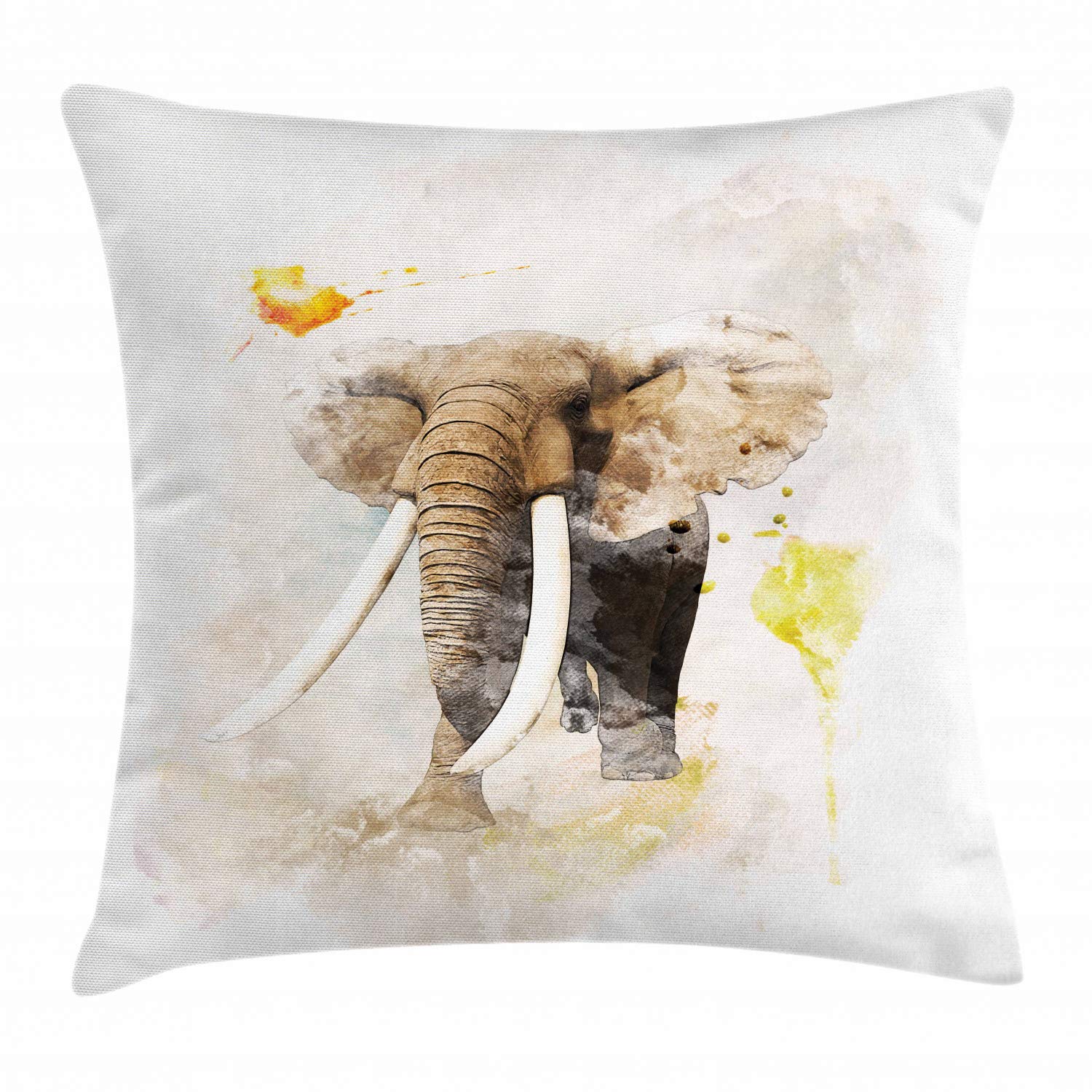 ABAKUHAUS Watercolor Elephant Throw Pillow Cushion Cover, Majestic Elephant Walking in the Forest with Paintbrush Effects, Decorative Square Accent Pillow Case, 60 x 60 cm, Tan Taupe Beige