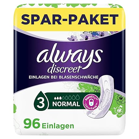 Always Discreet Inkontinenz-Einlagen Normal Spar-Paket bei Blasenschwäche, 96 Einlagen (4 Packungen x 24 Stück)