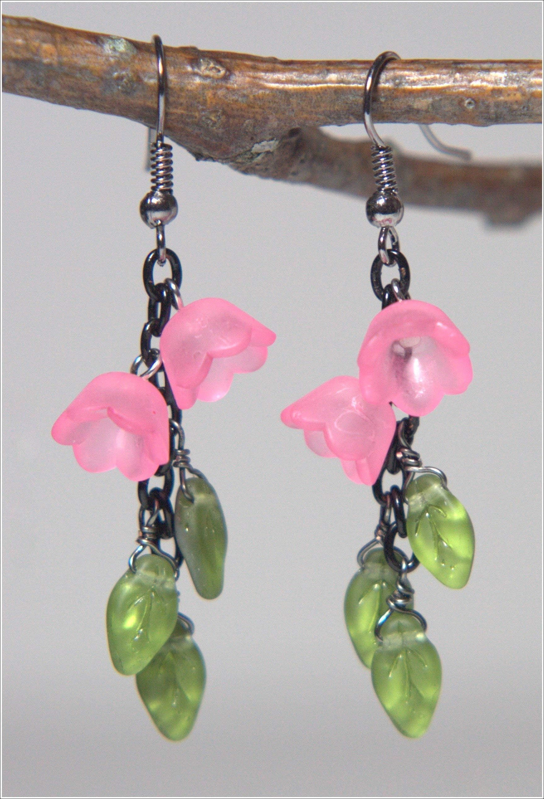 Leaves Flower Earring - Olivine Vitrail, Matte Pink Lucite Tulip/Lily Of The Valley Flowers, 2-in