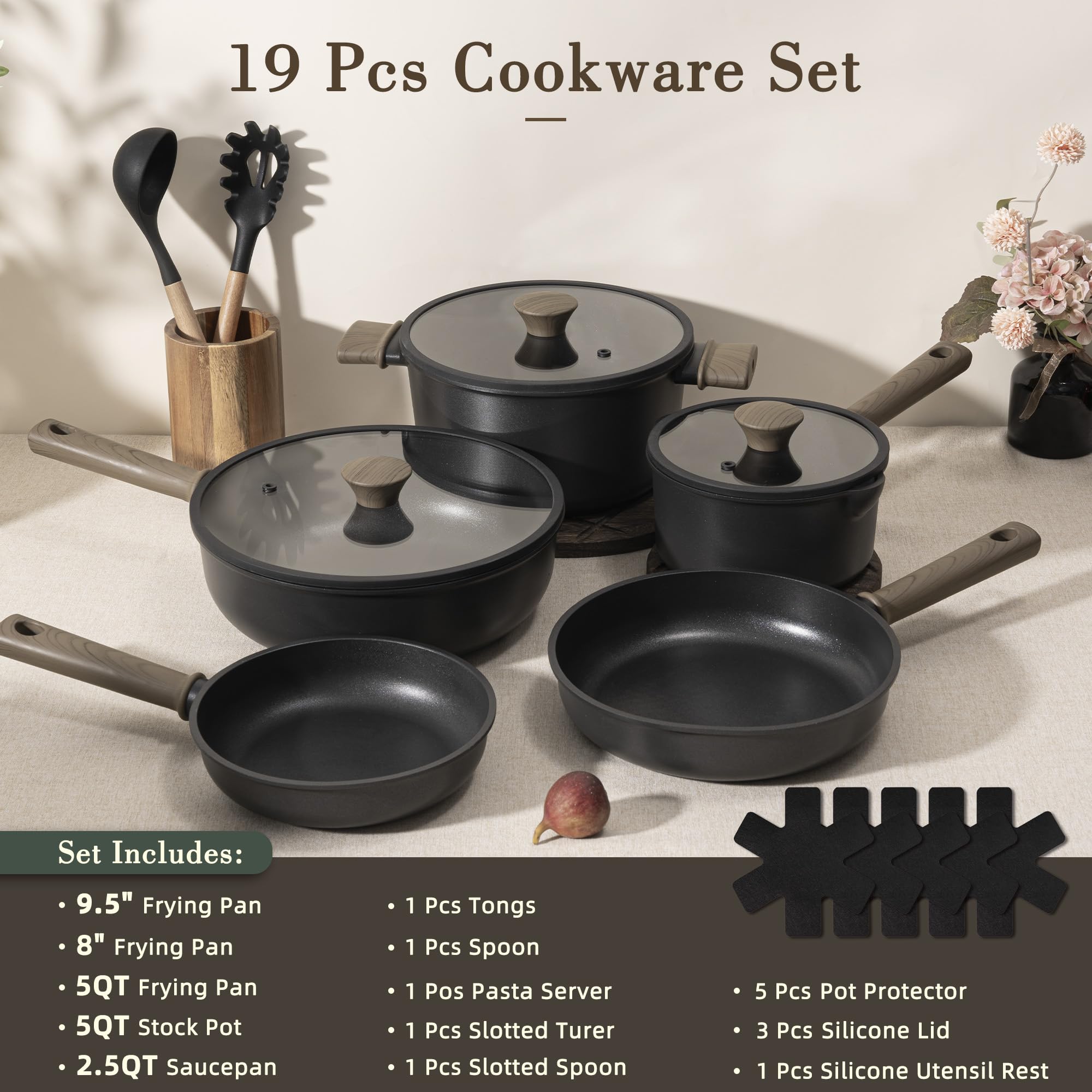 Astercook Non Stick Pots and Pans Set, Healthy Non-Toxic Titanium Induction Kitchen Cookware Sets for Cooking with Frying Pans, PFAS/PTFE/PFOA & PFOS Free, Black, 19 Pcs