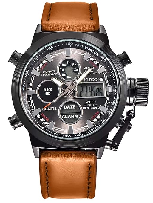 Kitcone Analogue Digital Multi Colour Dial Leather Brown Strap Mens & Boys Watch - PT1