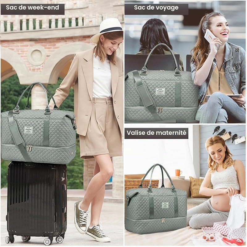 Sac de Voyage Femme Sac de Sport Gym Weekend Travel Duffel Bag Sac Cabine Avion Easyjet Bagage a Main Sac a Langer Bebe Valise Maternité Mommy Family Bag avec Trousse de Toilette