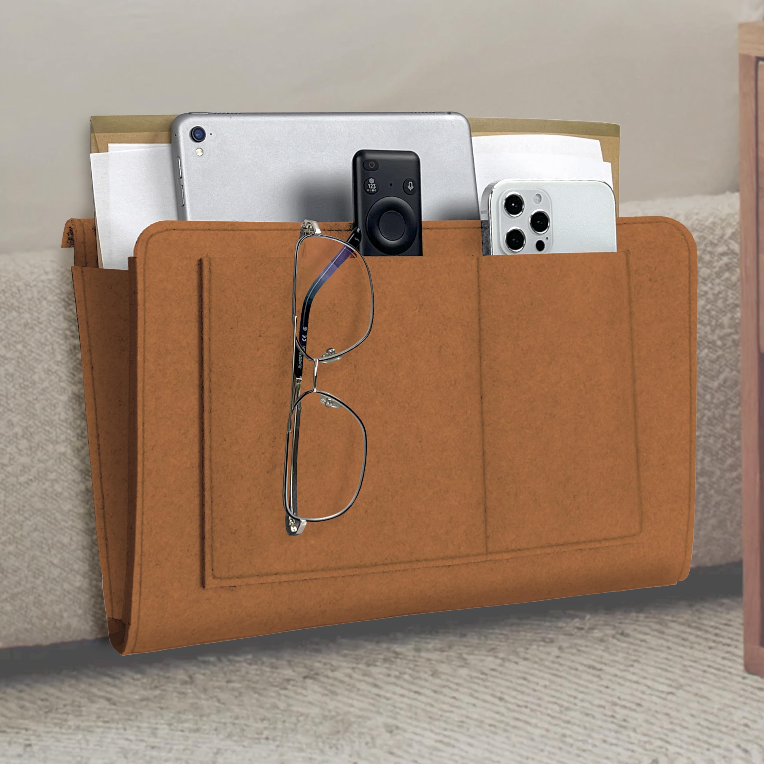 HomeGadget Felt Organizer Bag for Hanging [for Sofa & Bed] - with 5 compartments for any type of accessory like newspapers, glasses, smartphone - Brown