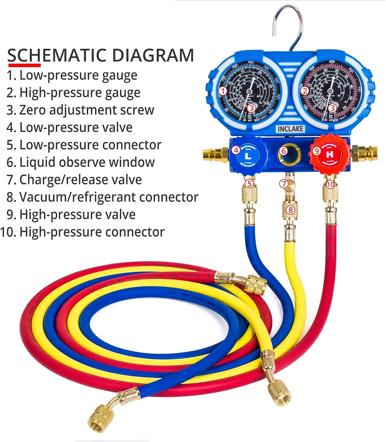 INCLAKE Manifold Gauge Set for Freon Charging, Home A/C, HVAC Diagnostic Tool Kit for R410A, R22, R32, with 5 ft Hoses, Adjustable Joint (from 1/2" Male to 1/4" Female Including), Not for Car Use: Automotive