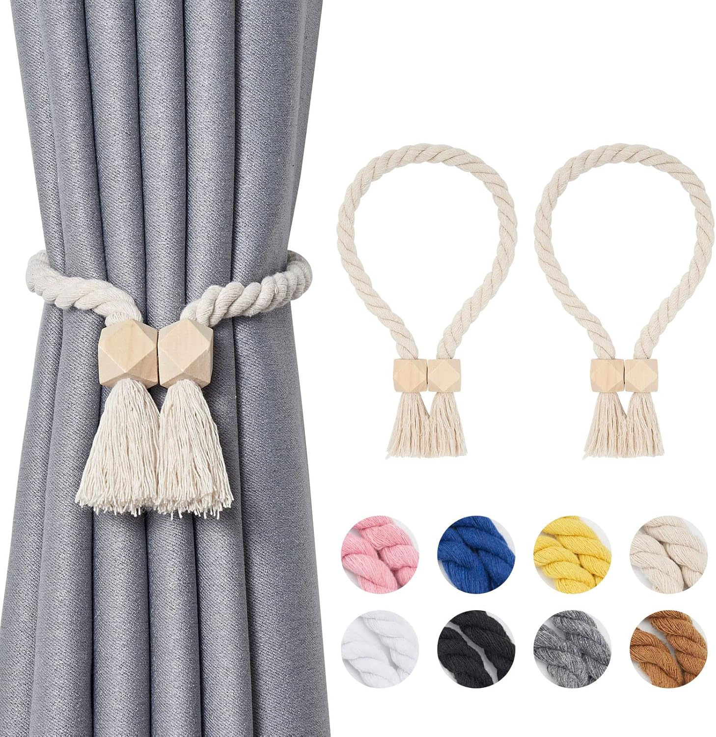 Window Treatment Hardware - NICEEC 2 Pack Wooden Polyhedron Magnetic Curtain Tiebacks Boho Home Decor Drape Tie Backs Natural Cotton Hand Woven Rope Curtain Holdbacks for Home & Office Window Draperies (Beige)