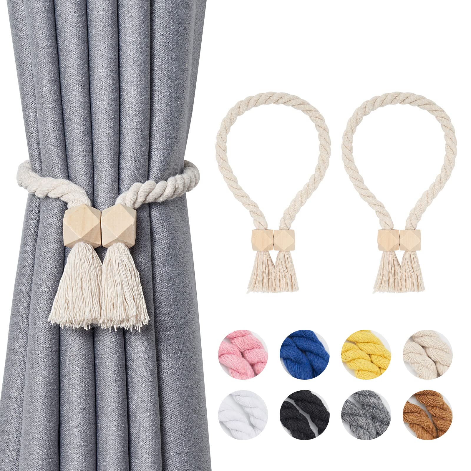 Pretty Jolly 2 Pack Wooden Polyhedron Magnetic Curtain Tiebacks Boho Home Decor Drape Tie Backs Natural Cotton Hand Woven Rope Curtain Holdbacks for Home & Office Window Draperies (Beige)