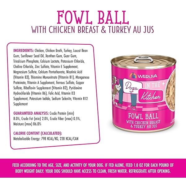 WERUVA DOGS IN THE KITCHEN, FOWL BALL WITH CHICKEN BREAST & TURKEY AU JUS DOG FOOD, 10OZ CAN (PACK OF 12)