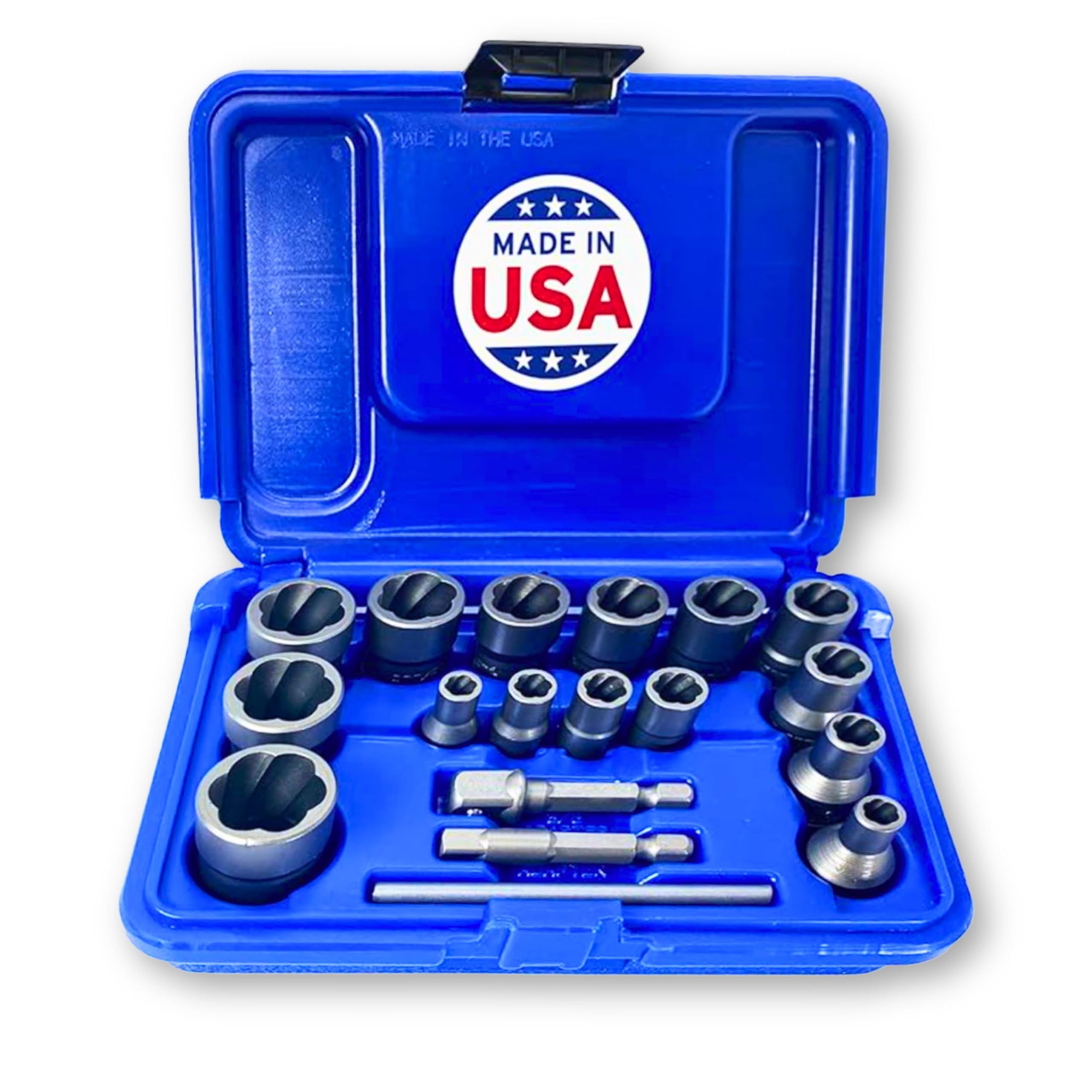 Photo 1 of 18-Piece Bolt Extractor Set | Made in USA Turbo Sockets for Stripped, Rounded, Rusted Bolts & Nuts | Impact Grade 1/4" & 3/8" Drive Lug Nut & Bolt Remover Kit | Nut Extractor Socket Set