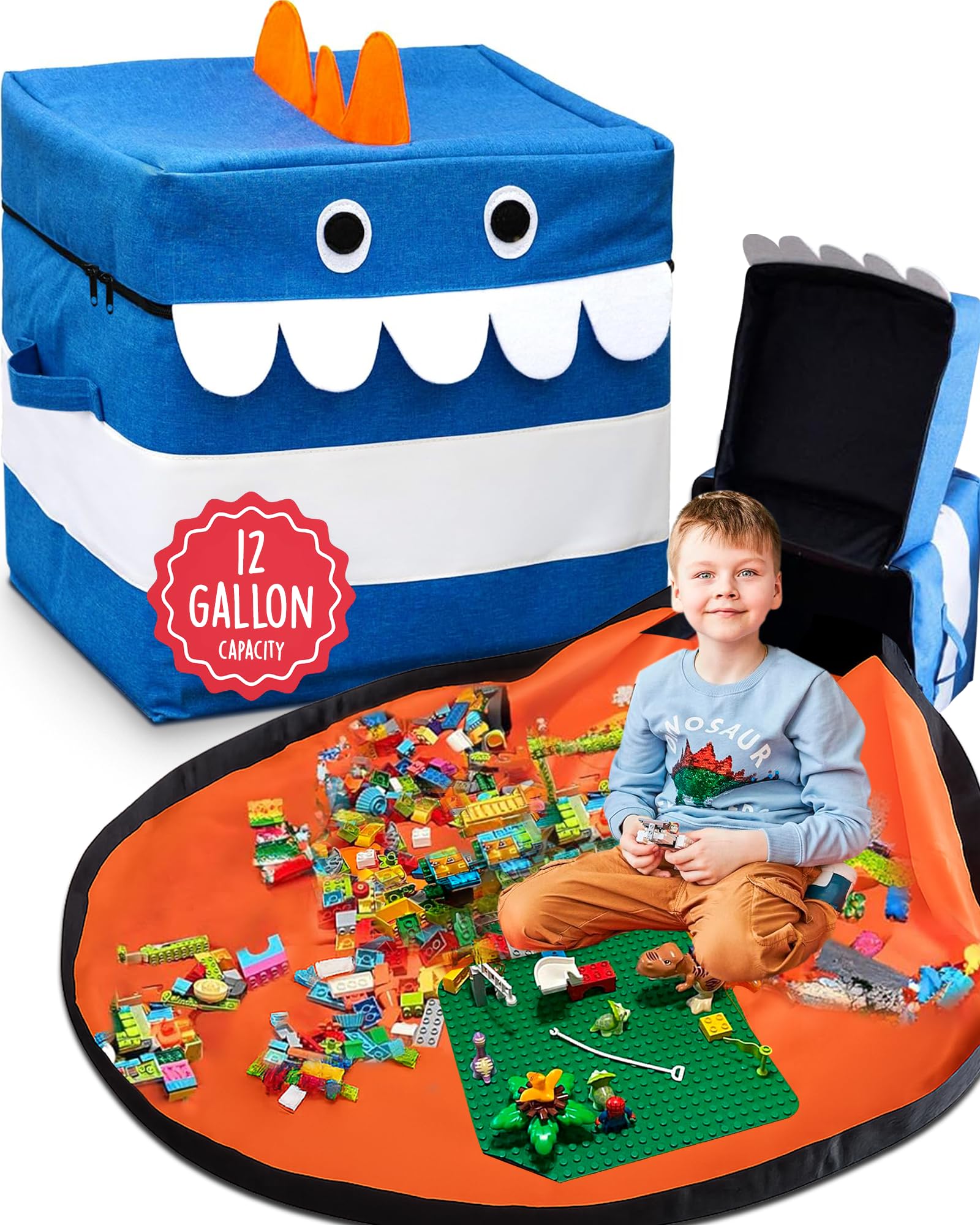 Photo 1 of XXL Toy Storage Organizer with Play Mat – Dinosaur & Monster Storage Bag/Box for Kids, Boys, Nursery, Playroom – Toy Chest Basket for Building Bricks & Blocks 15x15x15