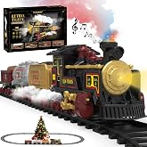 Electric Train Set for Kids w/Smoke &amp; Tracks, Trains for Kids Ages 4-8 | 1 Steam Locomotive, 1 Coal Car, 1 Gas Tank, 1 Log Car, 12 Train Tracks, Light &amp; Sound, Chrismas Train Themed Gifts for Kids